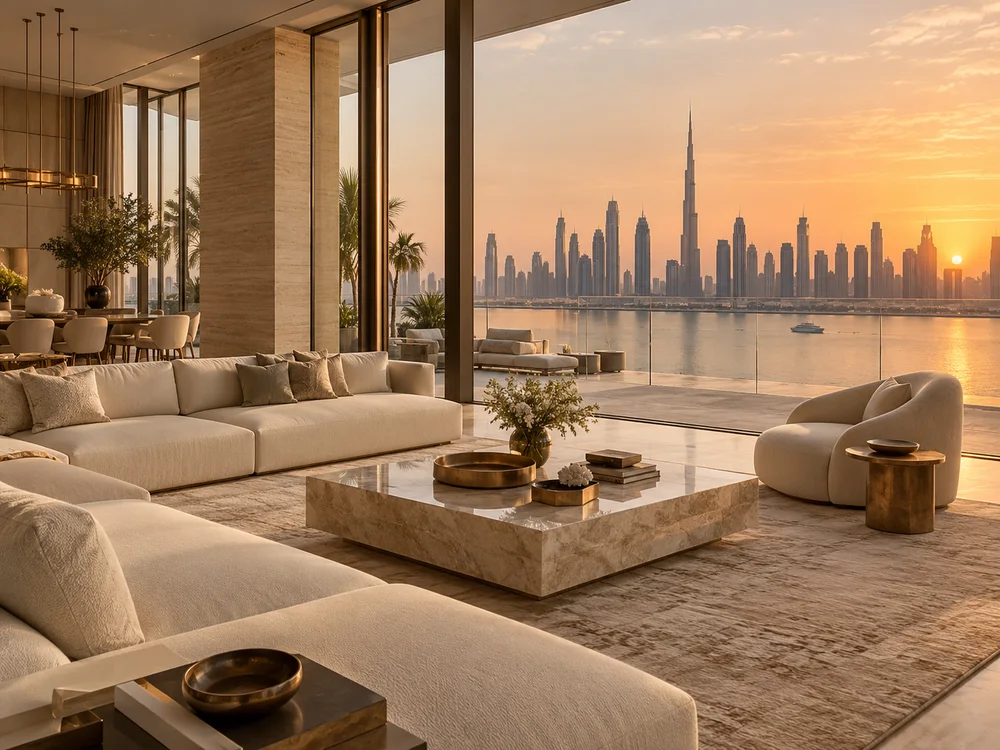 Luxury Dubai apartment interior with waterfront skyline views